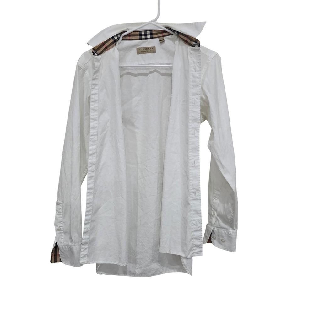 Burberry London England Mens XS White Cotton Check Trim Button Down Shirt